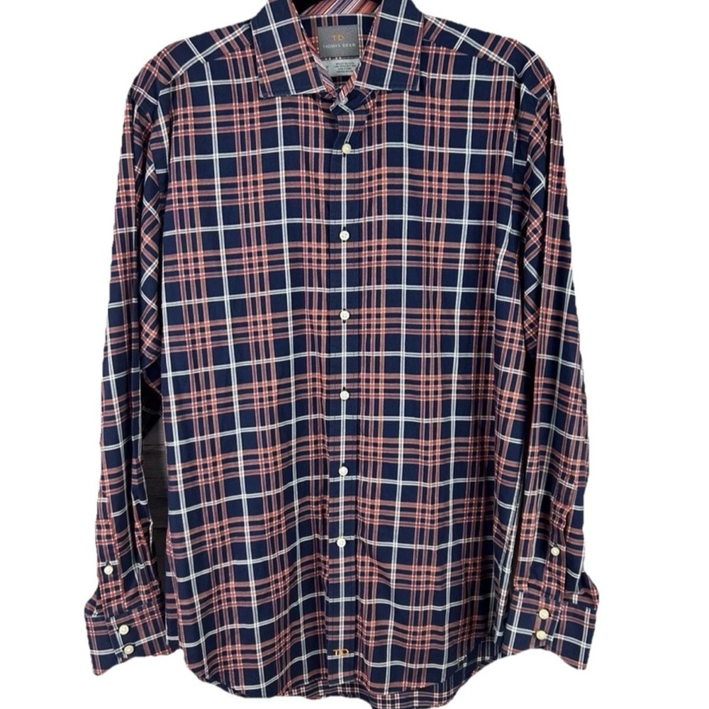 Thomas Dean Long Sleeve Button Up Shirt Men's Cotton Plaid Navy Orange SZ L NWOT